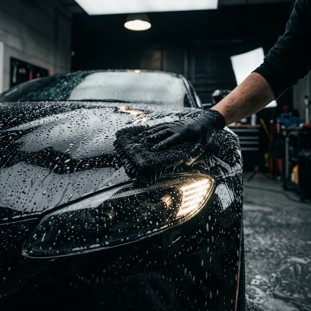 Professional detailer washing the glossy black bonnet of a premium car